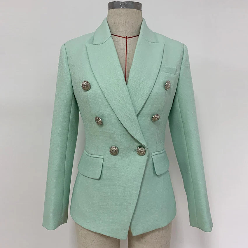 Classic Baroque Designer Jacket Women's Metal Lion Buttons Double Breasted Textured Blazer Mint Green-Dollar Bargains Online Shopping Australia