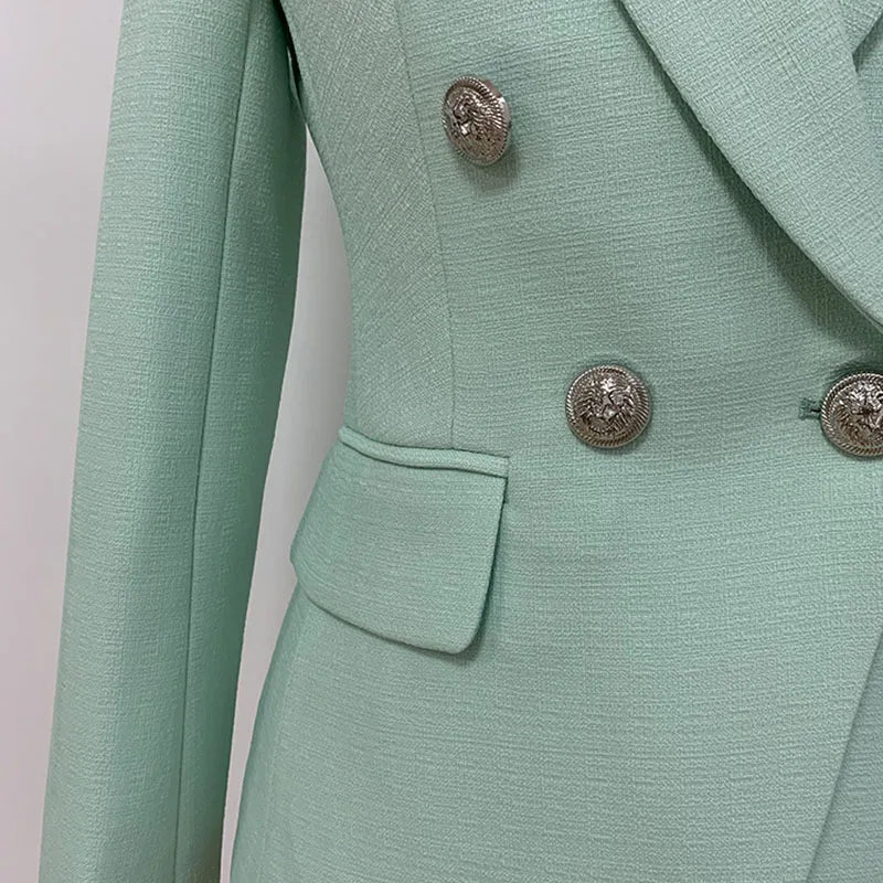 Classic Baroque Designer Jacket Women's Metal Lion Buttons Double Breasted Textured Blazer Mint Green-Dollar Bargains Online Shopping Australia