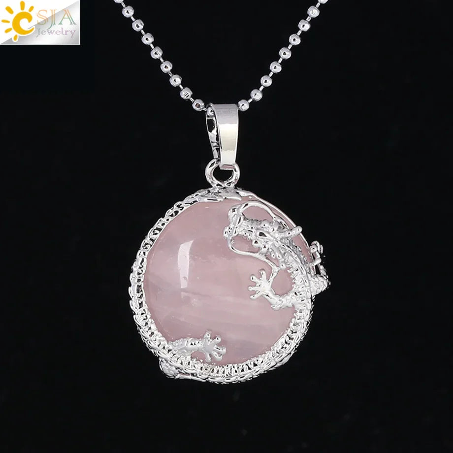 Necklace Dragon Pendants Women Natural Stone Purple Crystal Pink Quartz Tiger Eye Lava Rock Flat Round Beads-Dollar Bargains Online Shopping Australia