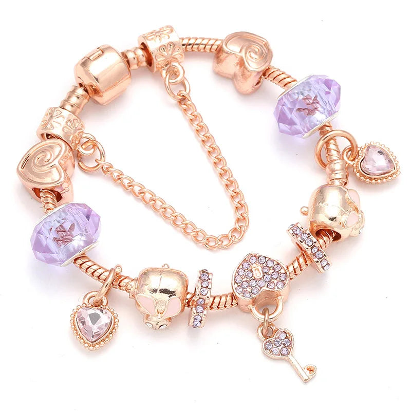 Heart & Key Pendant Rose Gold Color Fine Bracelets & Bangles Ferris Wheel Beads Charm Bracelet For Women Jewelry Gift-Dollar Bargains Online Shopping Australia