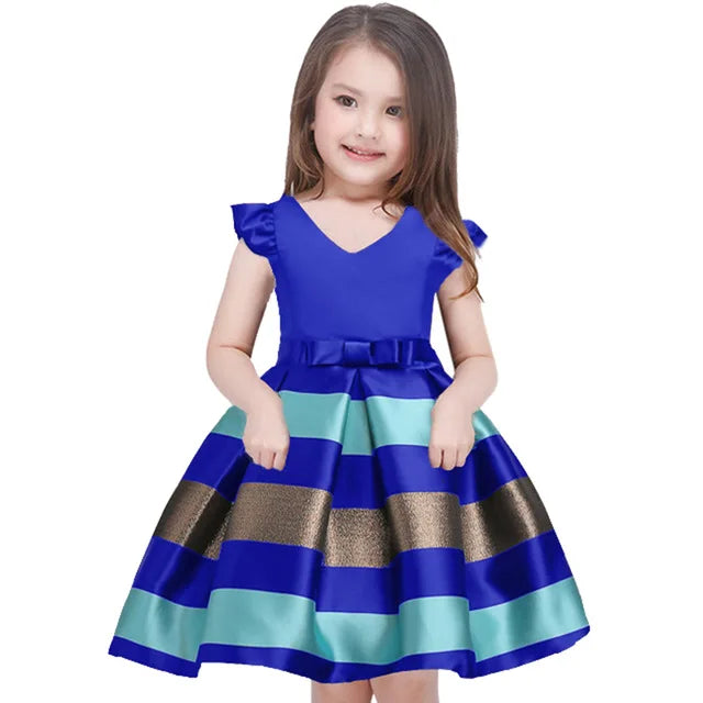 Girls Striped Flying Sleeve Bow Knot Colored Dress Birthday Party Wedding Flower-Dollar Bargains Online Shopping Australia