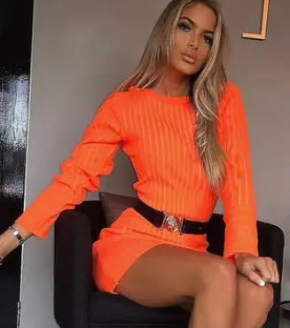 Women Dress Pullovers Fashion Neon Knitted O-Neck Solid Mini Long Sleeve Bodycon-Dollar Bargains Online Shopping Australia