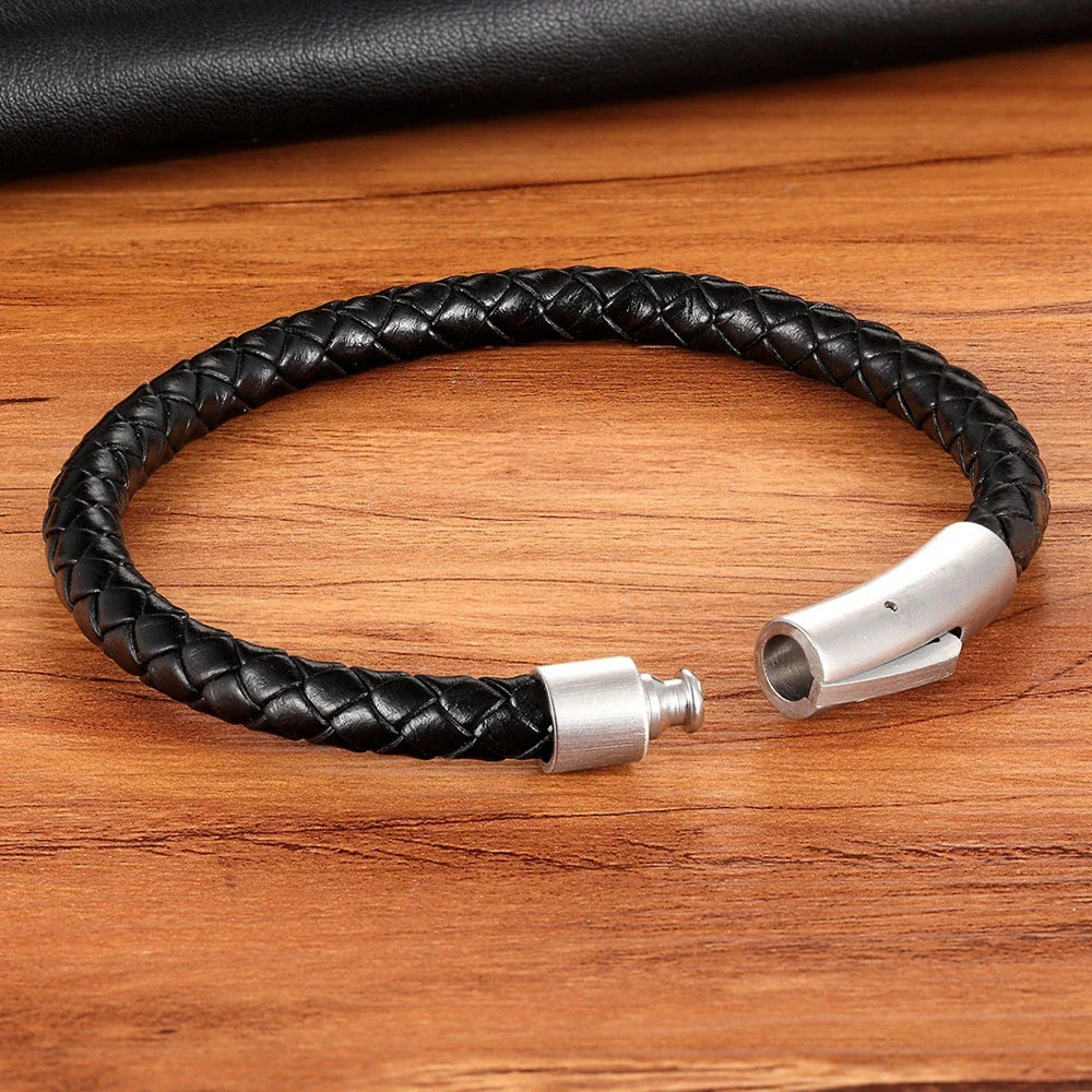 Classic Style Men Leather Bracelet Simple Black Stainless Steel Button Neutral Accessories Hand-woven Jewelry Gifts-Dollar Bargains Online Shopping Australia