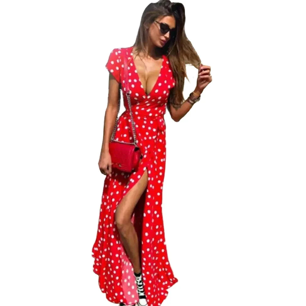 Boho Polka Dot Long Dresses Women Split Short Sleeve Summer Casual Dress Maxi Dress-Dollar Bargains Online Shopping Australia