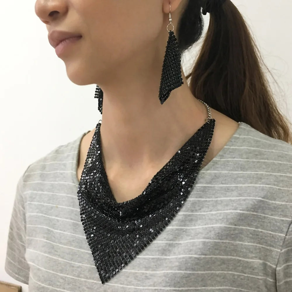 Rhinestone Metal Slice Bib Choker Necklaces Earrings Party Wedding Fashion Jewelry Sets-Dollar Bargains Online Shopping Australia