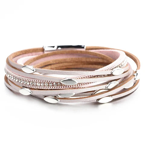 Leaf Charm Pink Leather Bracelets for Women Men Crystal Chain Boho Multilayer Wrap Bracelet Femme Jewelry-Dollar Bargains Online Shopping Australia