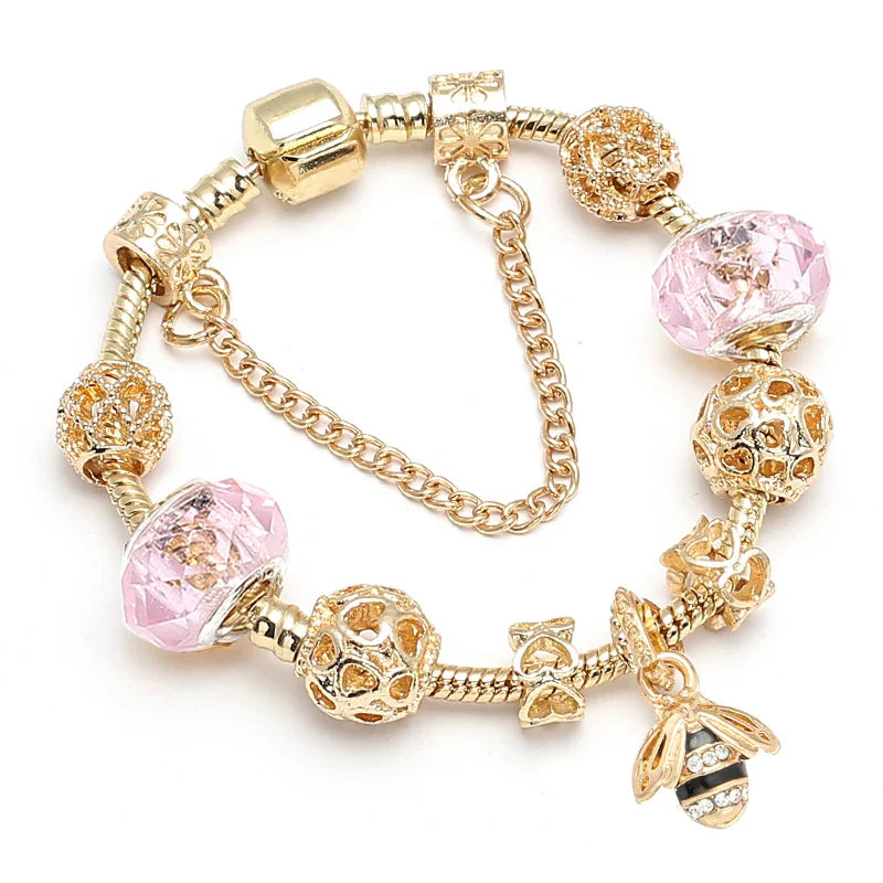 Luxury Crystal Bees Gold Color Charm Bracelet For Girl Murano Glass Beads Fine Bracelet For Women Couple DIY Jewelry Gift-Dollar Bargains Online Shopping Australia