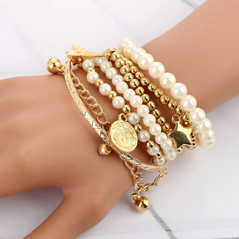 6pcs/set Fashion Gold Color Beads Pearl Star Multilayer Beaded Bracelets Set for Women Charm Party Jewelry Gift-Dollar Bargains Online Shopping Australia