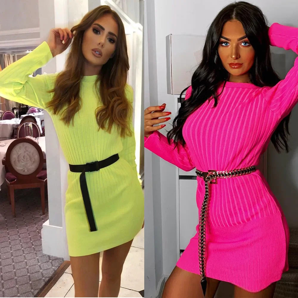 Women Dress Pullovers Fashion Neon Knitted O-Neck Solid Mini Long Sleeve Bodycon-Dollar Bargains Online Shopping Australia