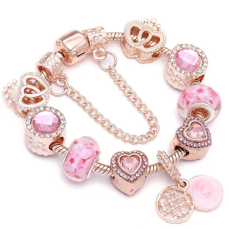 Heart & Key Pendant Rose Gold Color Fine Bracelets & Bangles Ferris Wheel Beads Charm Bracelet For Women Jewelry Gift-Dollar Bargains Online Shopping Australia