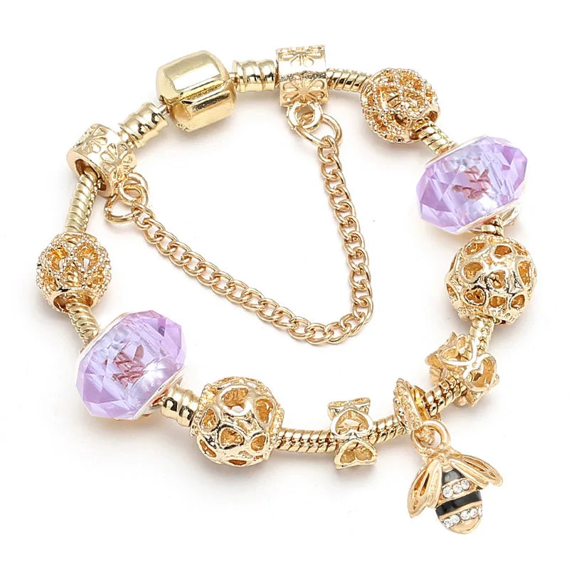 Luxury Crystal Bees Gold Color Charm Bracelet For Girl Murano Glass Beads Fine Bracelet For Women Couple DIY Jewelry Gift-Dollar Bargains Online Shopping Australia