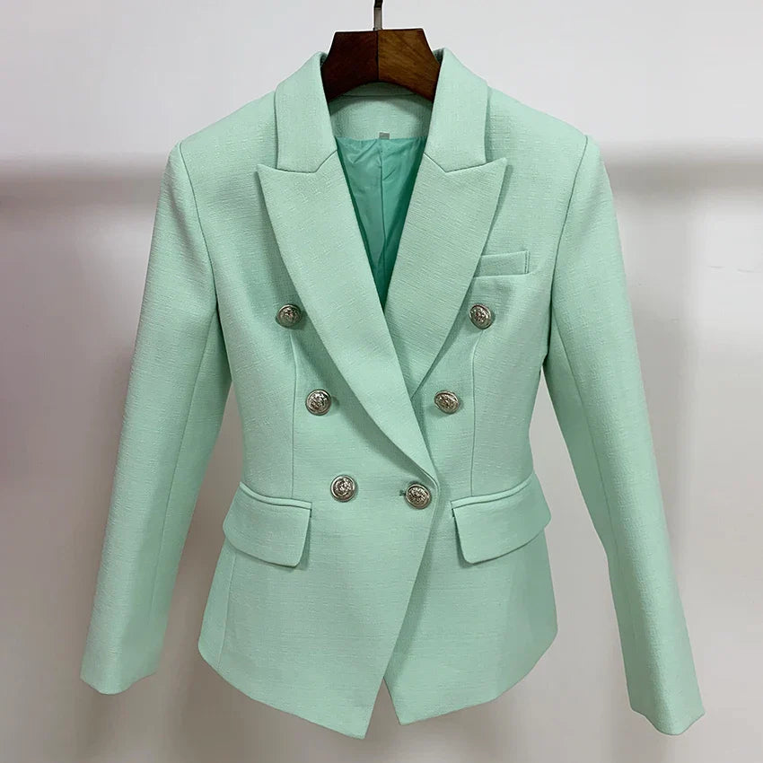 Classic Baroque Designer Jacket Women's Metal Lion Buttons Double Breasted Textured Blazer Mint Green-Dollar Bargains Online Shopping Australia