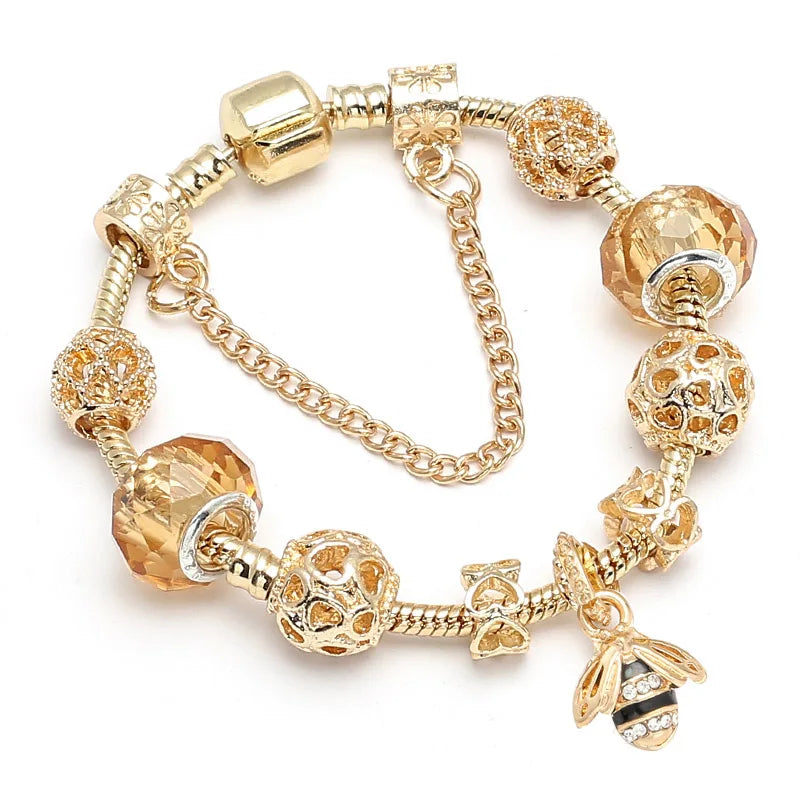 Luxury Crystal Bees Gold Color Charm Bracelet For Girl Murano Glass Beads Fine Bracelet For Women Couple DIY Jewelry Gift-Dollar Bargains Online Shopping Australia