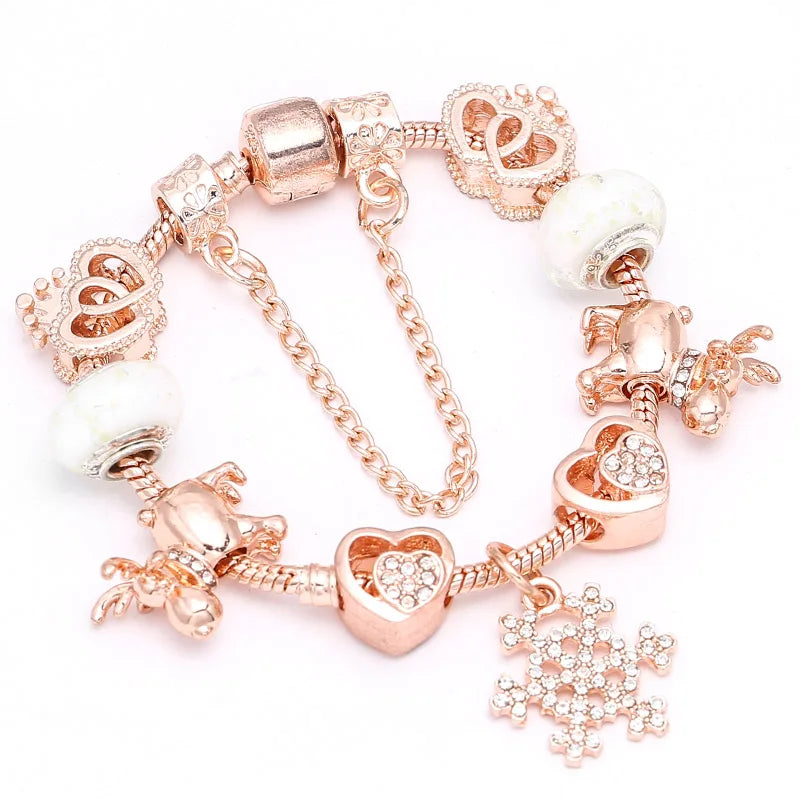 Heart & Key Pendant Rose Gold Color Fine Bracelets & Bangles Ferris Wheel Beads Charm Bracelet For Women Jewelry Gift-Dollar Bargains Online Shopping Australia