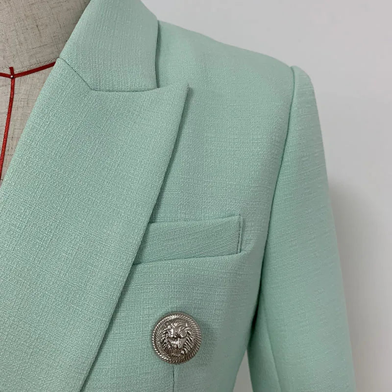 Classic Baroque Designer Jacket Women's Metal Lion Buttons Double Breasted Textured Blazer Mint Green-Dollar Bargains Online Shopping Australia