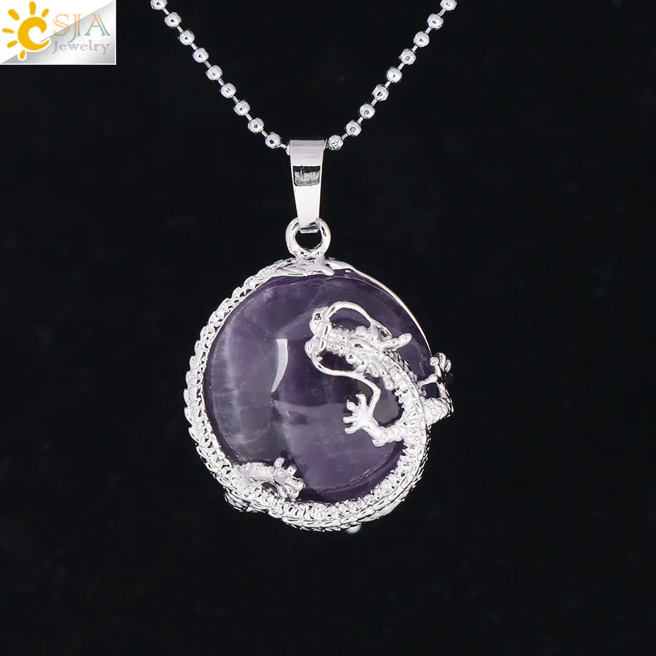 Necklace Dragon Pendants Women Natural Stone Purple Crystal Pink Quartz Tiger Eye Lava Rock Flat Round Beads-Dollar Bargains Online Shopping Australia