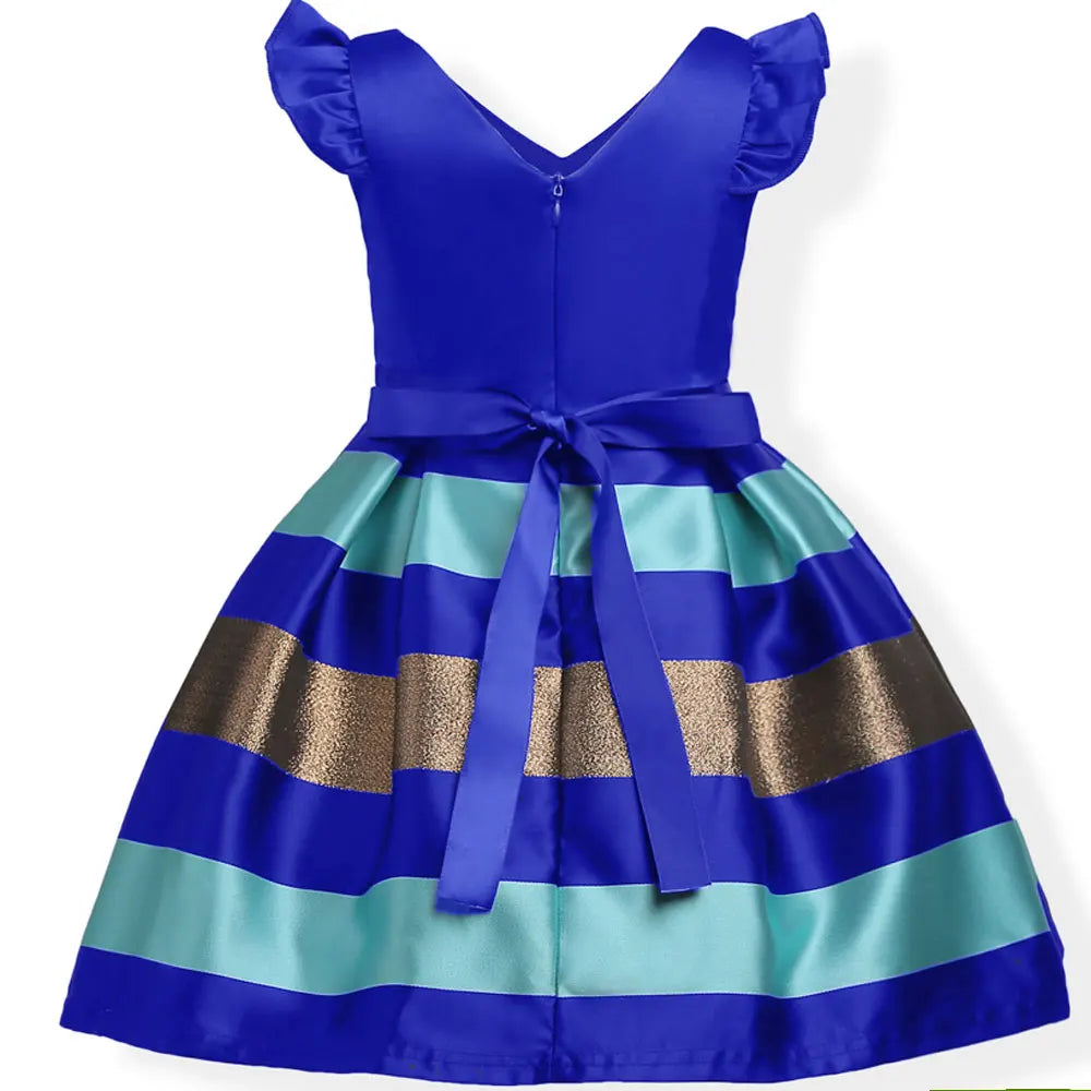 Girls Striped Flying Sleeve Bow Knot Colored Dress Birthday Party Wedding Flower-Dollar Bargains Online Shopping Australia