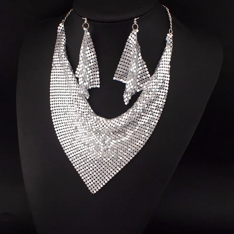 Rhinestone Metal Slice Bib Choker Necklaces Earrings Party Wedding Fashion Jewelry Sets-Dollar Bargains Online Shopping Australia