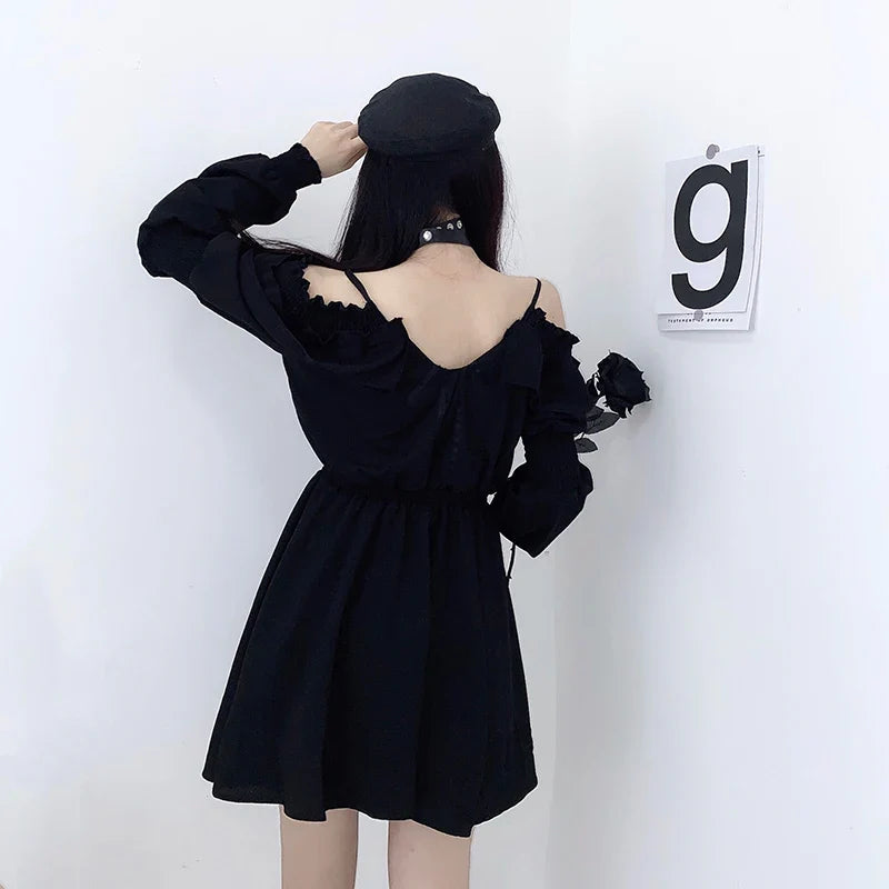 Women Dress Lace Up High Waist Femme Dresses Off Shoulder Long Sleeve Gothic Clothes-Dollar Bargains Online Shopping Australia