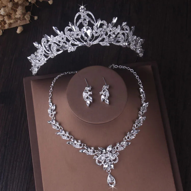 Silver Color Crystal Bridal Jewelry Sets Fashion Tiaras Crown Earrings Choker Necklace Women Wedding Dress Jewelry Set-Dollar Bargains Online Shopping Australia