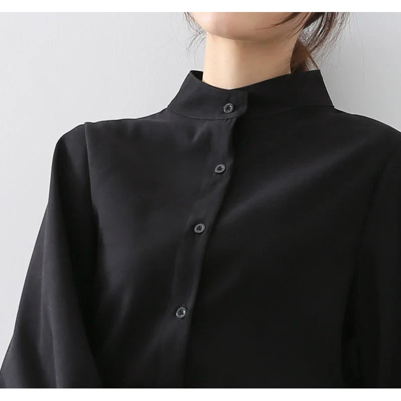 Big Lantern Sleeve Blouse Women Autumn Winter Single Breasted Stand Collar Shirts Office Work Blouse Solid Vintage Blouse Shirts-Dollar Bargains Online Shopping Australia