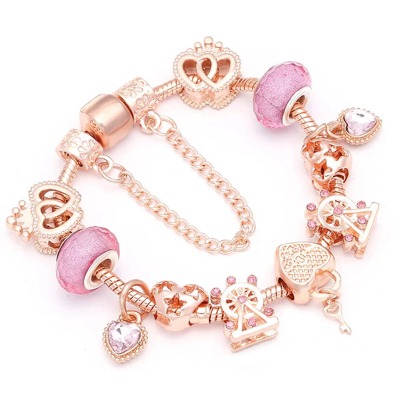 Heart & Key Pendant Rose Gold Color Fine Bracelets & Bangles Ferris Wheel Beads Charm Bracelet For Women Jewelry Gift-Dollar Bargains Online Shopping Australia