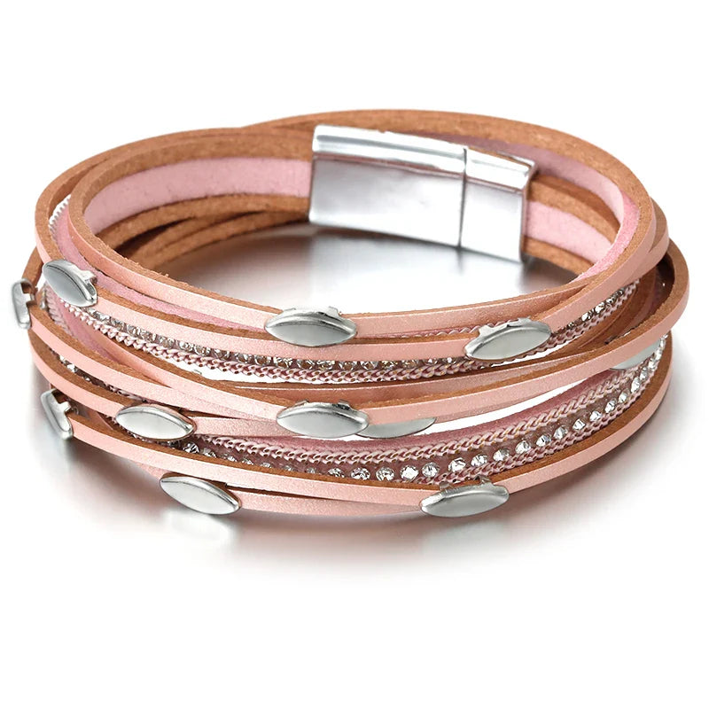 Leaf Charm Pink Leather Bracelets for Women Men Crystal Chain Boho Multilayer Wrap Bracelet Femme Jewelry-Dollar Bargains Online Shopping Australia