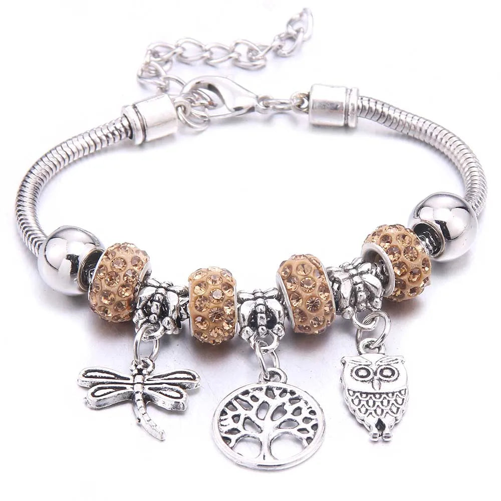 dragonfly owl Shape Crystal Charm Bracelets Beads Bracelet Women DIY Beads Brand Bracelets & Bangles Jewelry Gift-Dollar Bargains Online Shopping Australia