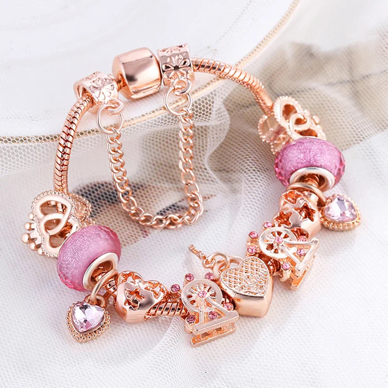 Heart & Key Pendant Rose Gold Color Fine Bracelets & Bangles Ferris Wheel Beads Charm Bracelet For Women Jewelry Gift-Dollar Bargains Online Shopping Australia