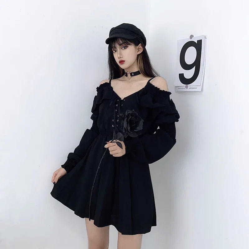 Women Dress Lace Up High Waist Femme Dresses Off Shoulder Long Sleeve Gothic Clothes-Dollar Bargains Online Shopping Australia