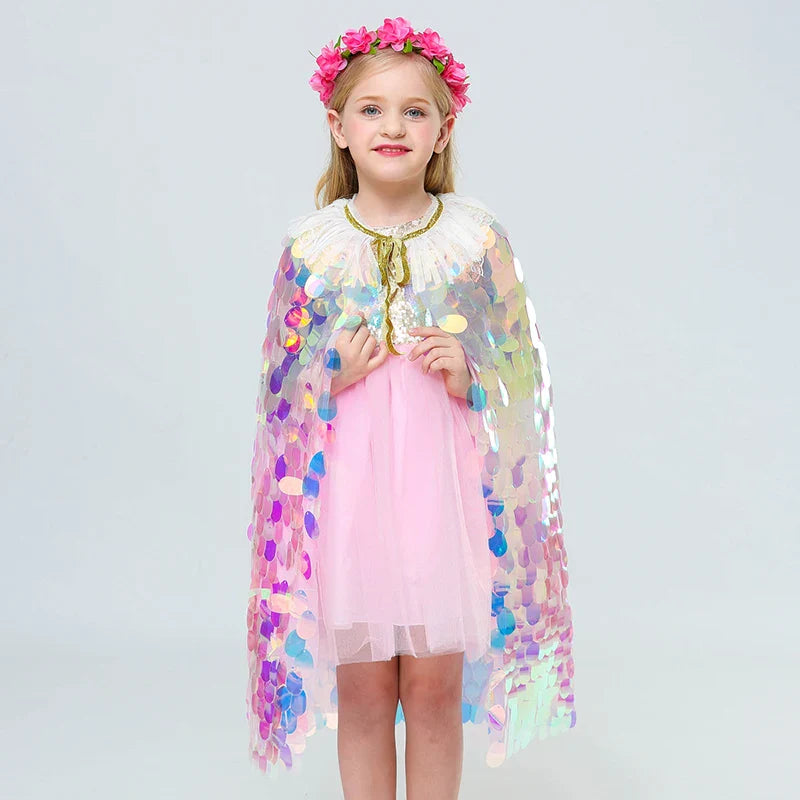 Fashion Glitter Multicolor Sequins Shawl Shiny Girls Cloak Blingbling Fairy Princess Cape Christmas Party Halloween Kids Clothes-Dollar Bargains Online Shopping Australia