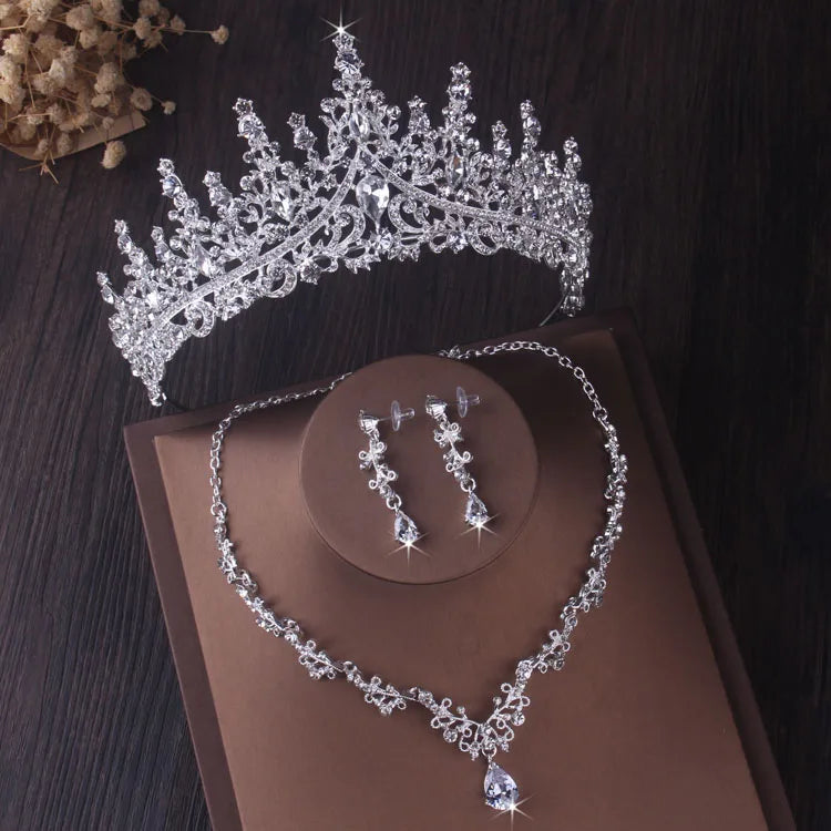 Silver Color Crystal Bridal Jewelry Sets Fashion Tiaras Crown Earrings Choker Necklace Women Wedding Dress Jewelry Set-Dollar Bargains Online Shopping Australia