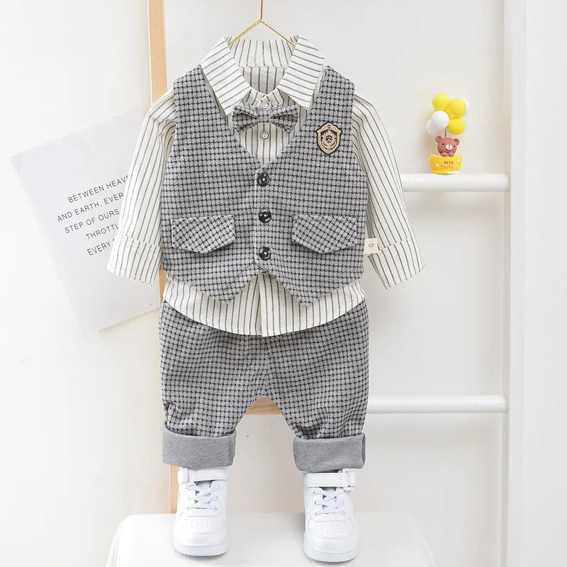 Children Kids Gentleman Clothing Suit Birthday Wedding Party Elegant Set Baby Boy Casual Wear Striped Shirt Vest Pants Costume-Dollar Bargains Online Shopping Australia