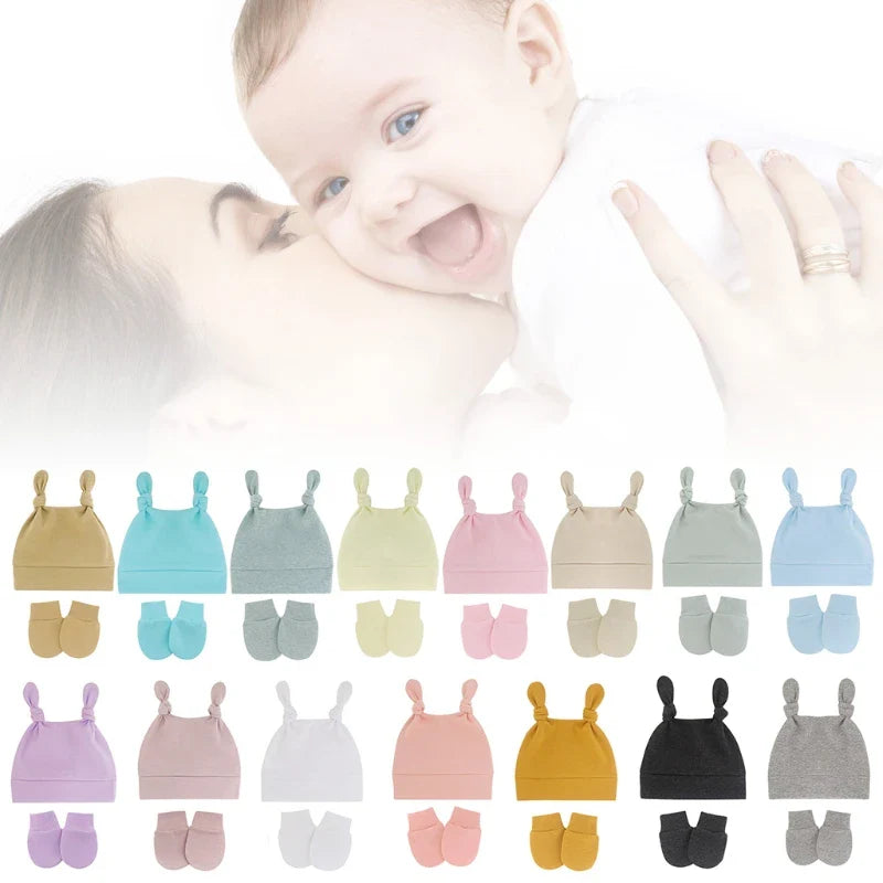 Baby Cute Top Knot Rabbit Ears Beanies Hospital Hat and Mittens Set Newborn Infant Solid Color Stretchy Warm-Dollar Bargains Online Shopping Australia