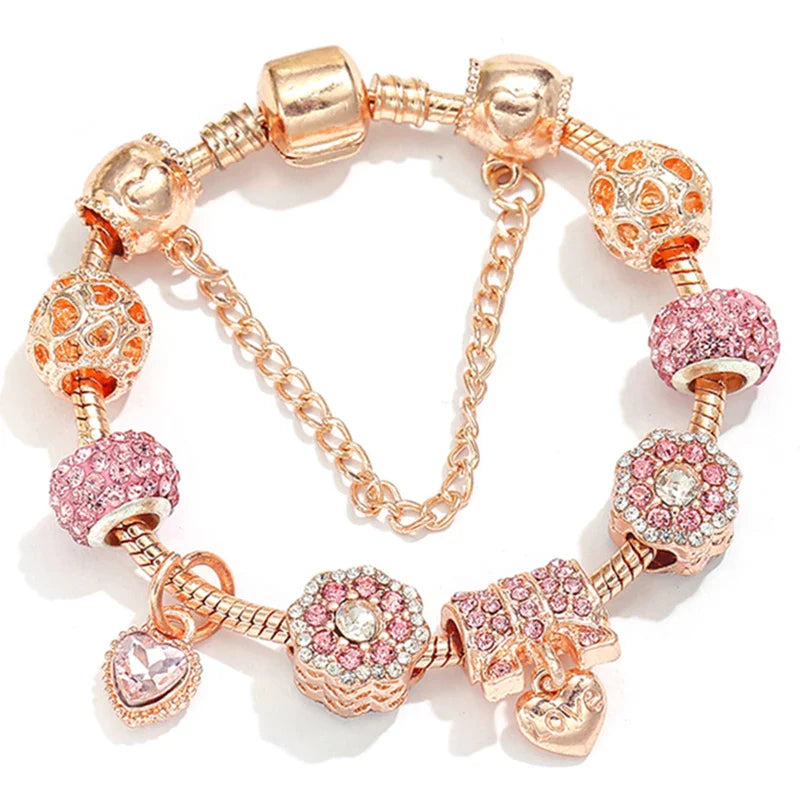 Heart & Key Pendant Rose Gold Color Fine Bracelets & Bangles Ferris Wheel Beads Charm Bracelet For Women Jewelry Gift-Dollar Bargains Online Shopping Australia