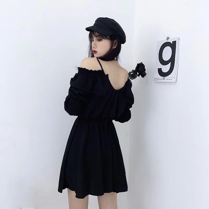 Women Dress Lace Up High Waist Femme Dresses Off Shoulder Long Sleeve Gothic Clothes-Dollar Bargains Online Shopping Australia