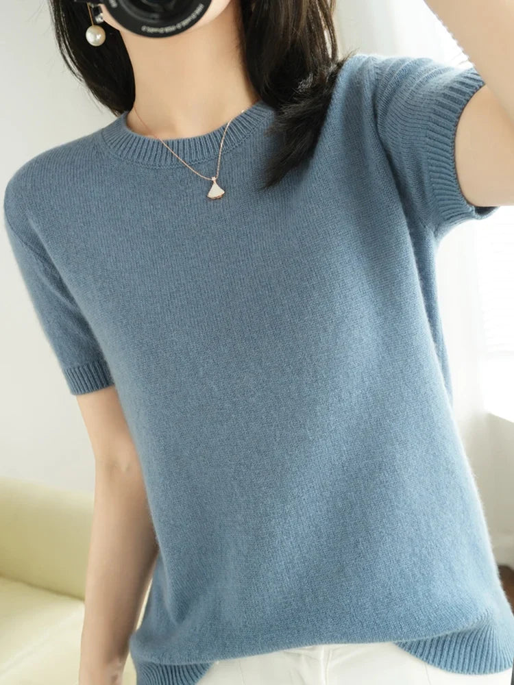 Short-sleeved Knitwear Women O-neck T-shirt Wool Cotton Blend Pullover Vest Sprig Summer Bottoming Tops Sweater Solid Soft-Dollar Bargains Online Shopping Australia