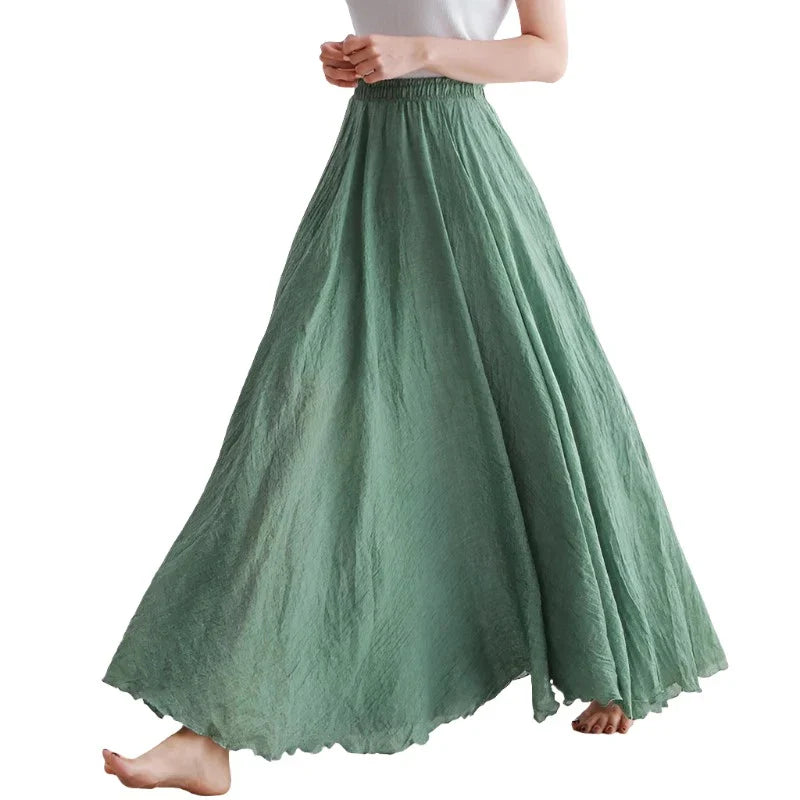 Cotton Linen Maxi Skirt Women Elastic High Waist Pleated A-Line Beach Skirts Boho-Dollar Bargains Online Shopping Australia