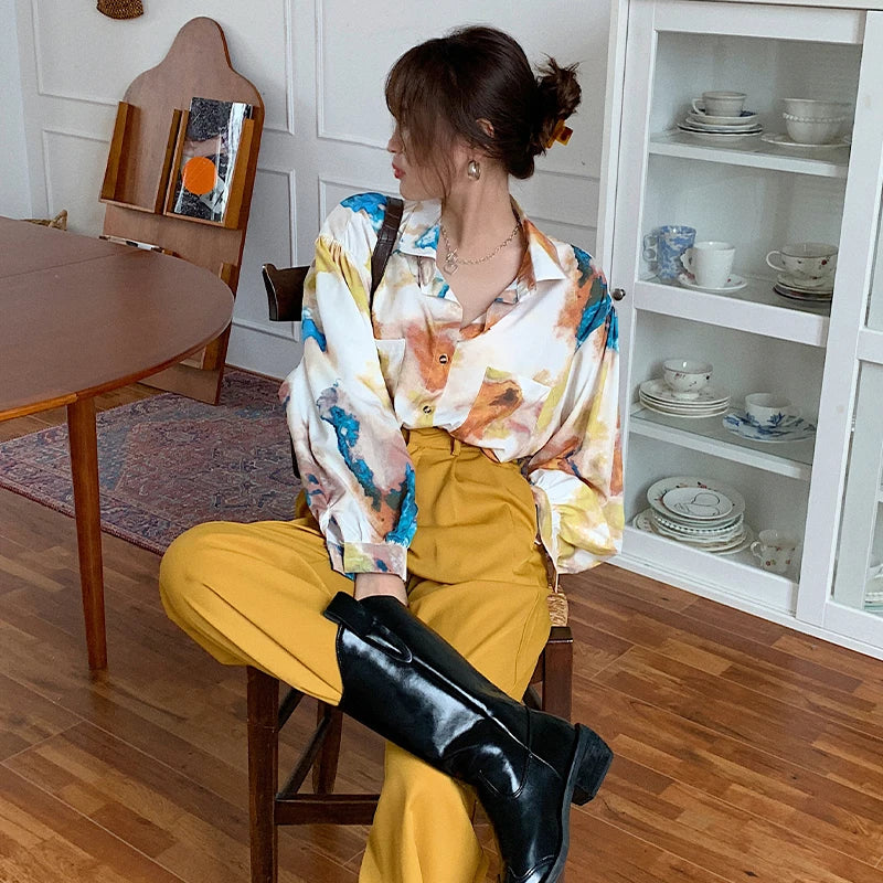 Oversized Shirt Long Sleeve Blouse Women Button Up Oil Painting Loose Top Korean Fashion Clothing-Dollar Bargains Online Shopping Australia