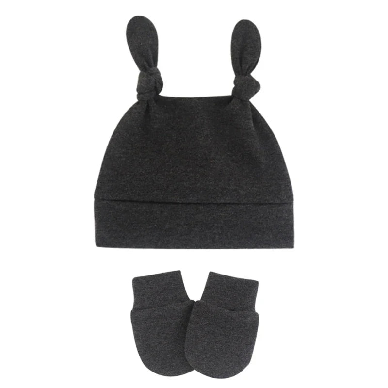 Baby Cute Top Knot Rabbit Ears Beanies Hospital Hat and Mittens Set Newborn Infant Solid Color Stretchy Warm-Dollar Bargains Online Shopping Australia