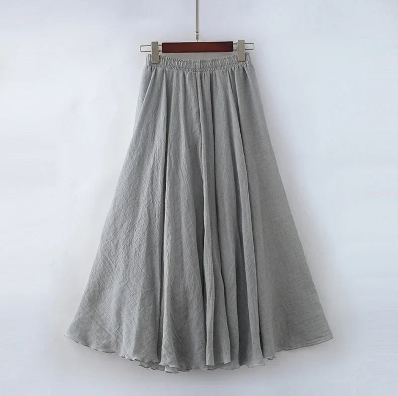 Cotton Linen Maxi Skirt Women Elastic High Waist Pleated A-Line Beach Skirts Boho-Dollar Bargains Online Shopping Australia