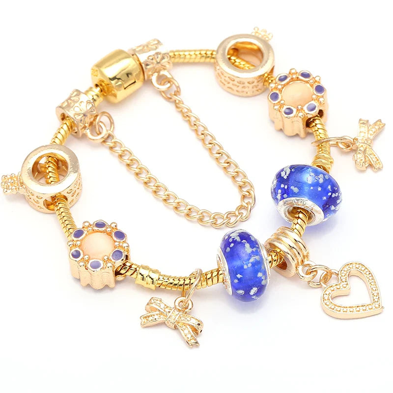 Luxury Crystal Bees Gold Color Charm Bracelet For Girl Murano Glass Beads Fine Bracelet For Women Couple DIY Jewelry Gift-Dollar Bargains Online Shopping Australia