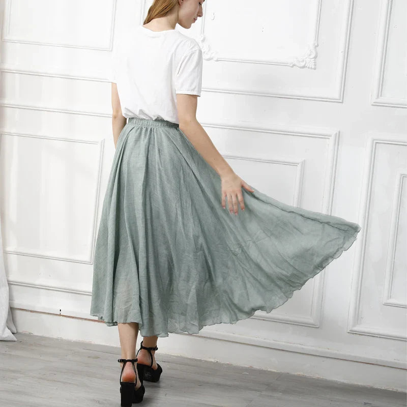 Cotton Linen Maxi Skirt Women Elastic High Waist Pleated A-Line Beach Skirts Boho-Dollar Bargains Online Shopping Australia