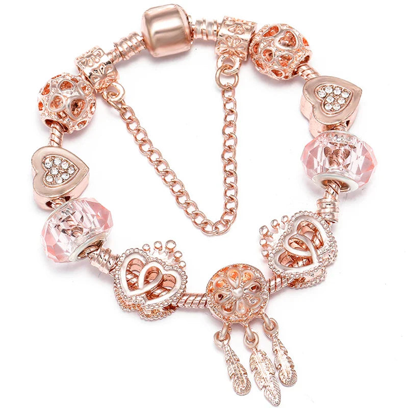 Heart & Key Pendant Rose Gold Color Fine Bracelets & Bangles Ferris Wheel Beads Charm Bracelet For Women Jewelry Gift-Dollar Bargains Online Shopping Australia