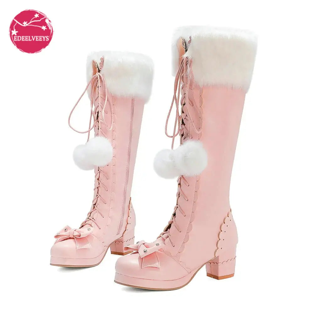 Lolita High Boots Winter Warm Fur Neck Girls Cosplay Party JK Princess Shoes Lace Up Bowtie Chunky Heel Side Zipper PU Leather-Dollar Bargains Online Shopping Australia