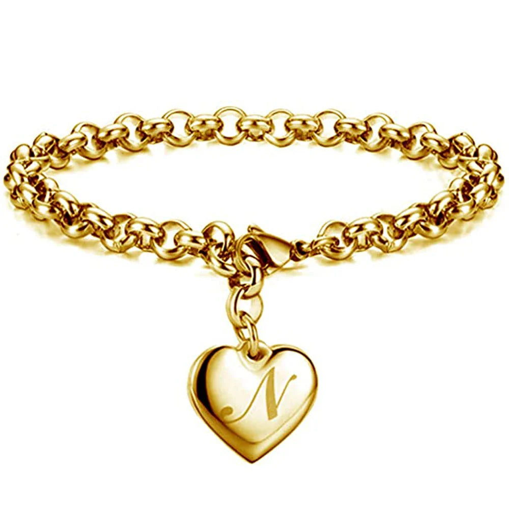 Initial Charm Gold-Color Bracelets Stainless Steel Heart 26 Letters Alphabet Bracelet for Women Girls Kids Gifts-Dollar Bargains Online Shopping Australia