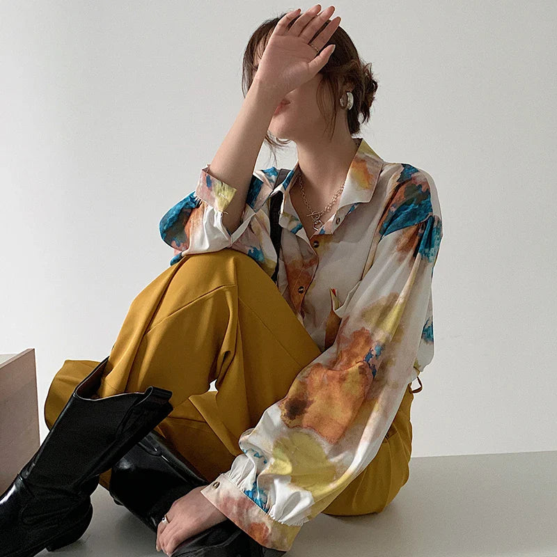 Oversized Shirt Long Sleeve Blouse Women Button Up Oil Painting Loose Top Korean Fashion Clothing-Dollar Bargains Online Shopping Australia