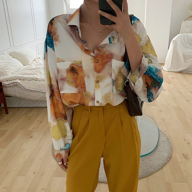 Oversized Shirt Long Sleeve Blouse Women Button Up Oil Painting Loose Top Korean Fashion Clothing-Dollar Bargains Online Shopping Australia