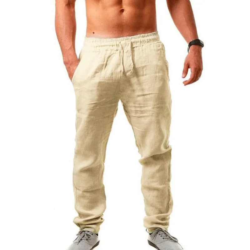 Men's Cotton Linen Pants Male Casual Breathable Solid Color Linen Trousers Fitness Streetwear