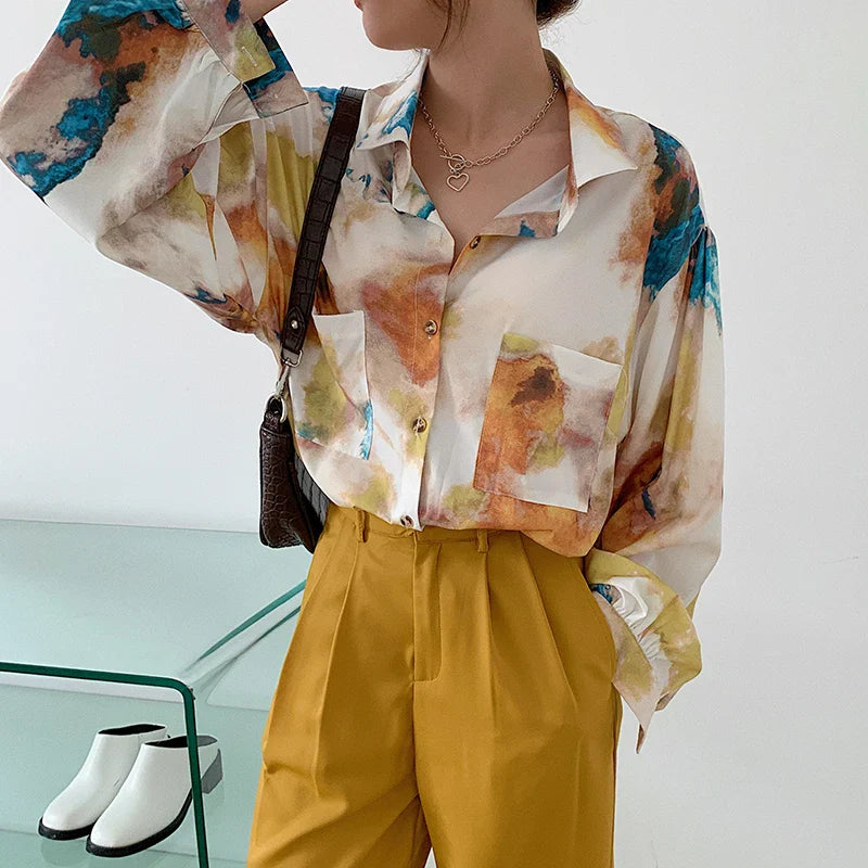 Oversized Shirt Long Sleeve Blouse Women Button Up Oil Painting Loose Top Korean Fashion Clothing-Dollar Bargains Online Shopping Australia